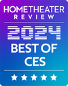 Logo for Home Theater Review featuring "2024 Best of CES" with five stars below. Background gradient from purple to blue.